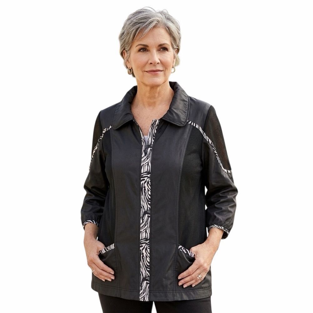 Zenergy by Chico’s Black Neema Zebra Print Trim Mesh Jacket Size 2-L Like New